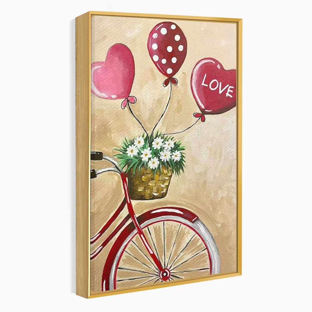 Tablou canvas cu pictura cu bicicleta vintage si baloane, in rama de aluminiu auriu